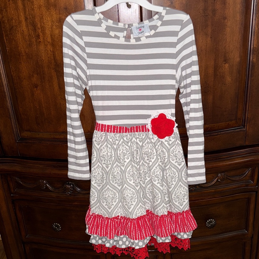 Striped Gray and Red Kids Dress